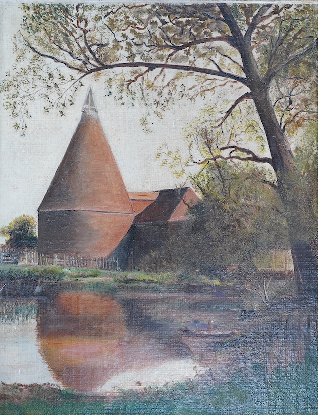 From the Studio of Fred Cuming. Late 19th / early 20th C. Primitive oil on board, Oast House, unsigned, 25 x 19cm. Condition - fair, a little dirty